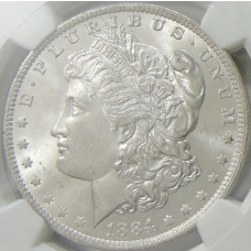 Монета 1 доллар 1884 года О США «Доллар Моргана» (в слабе NGC MS 63) (аверс)
