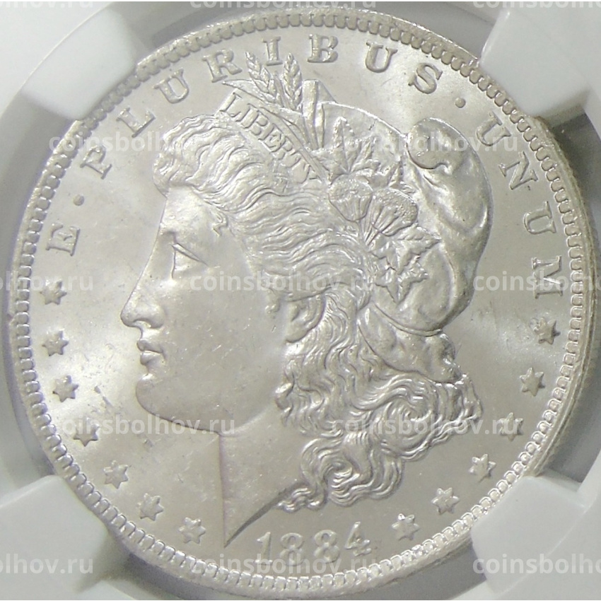 Монета 1 доллар 1884 года О США «Доллар Моргана» (в слабе NGC MS 63)