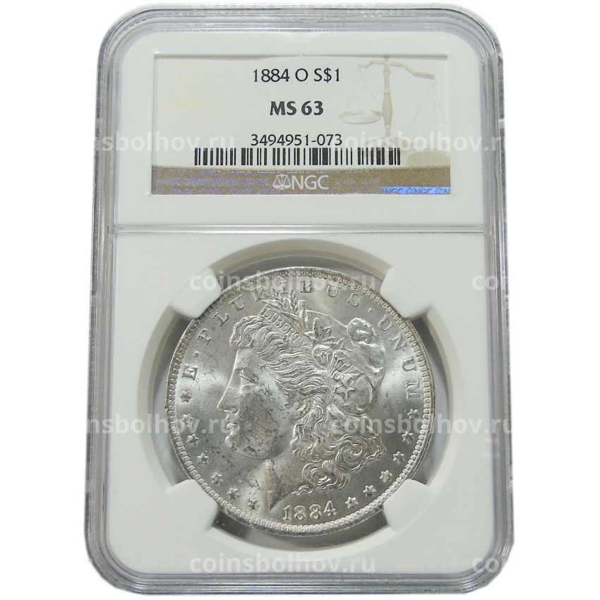 Монета 1 доллар 1884 года О США «Доллар Моргана» (в слабе NGC MS 63) (вид 3)