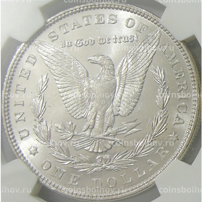 Монета 1 доллар 1887 года США «Доллар Моргана» (в слабе NGC MS 63) (вид 2)