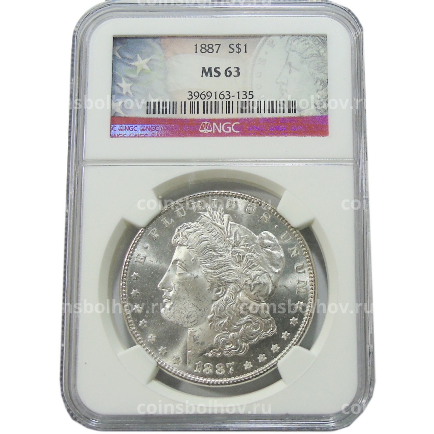 Монета 1 доллар 1887 года США «Доллар Моргана» (в слабе NGC MS 63) (вид 3)