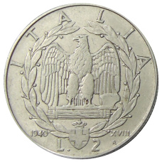 Монета 2 лиры 1940 года Италия (аверс)