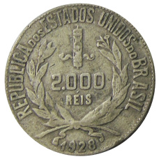 Монета 2000 рейс 1928 года Бразилия (аверс)