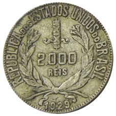 Монета 2000 рейс 1929 года Бразилия (аверс)