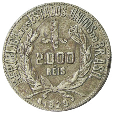 Монета 2000 рейс 1929 года Бразилия (аверс)