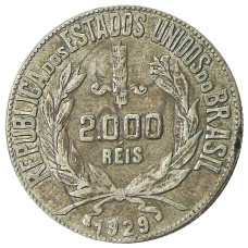 Монета 2000 рейс 1929 года Бразилия (аверс)