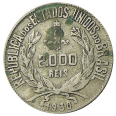 Монета 2000 рейс 1930 года Бразилия (аверс)