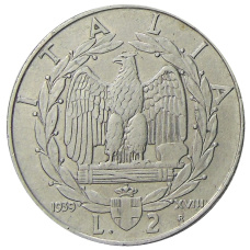 Монета 2 лиры 1939 года Италия (аверс)