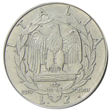 Монета 2 лиры 1939 года Италия (аверс)