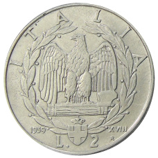 Монета 2 лиры 1939 года Италия (аверс)