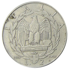 Монета 2 лиры 1939 года Италия (аверс)