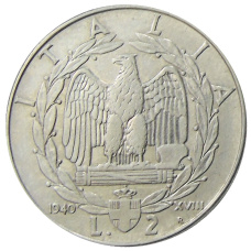 Монета 2 лиры 1940 года Италия (аверс)