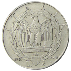 Монета 2 лиры 1940 года Италия (аверс)