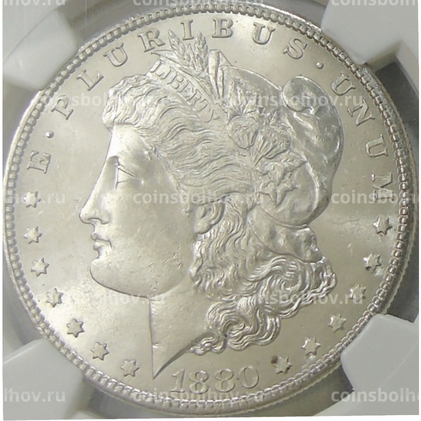 Монета 1 доллар 1880 года S США «Доллар Моргана» (в слабе NGC MS 63)