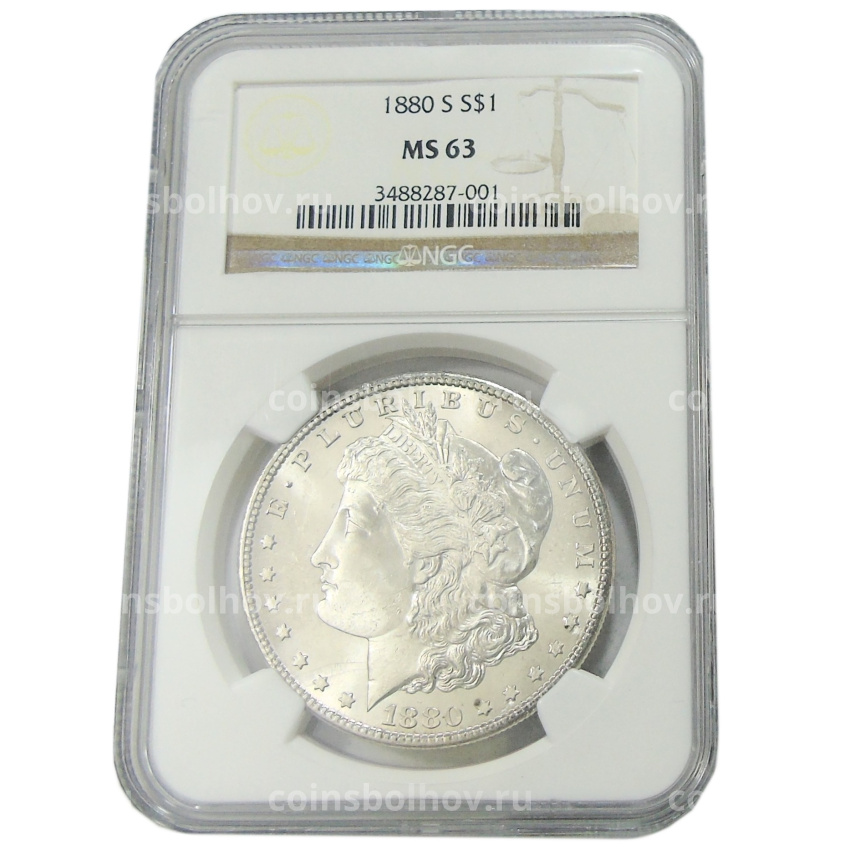 Монета 1 доллар 1880 года S США «Доллар Моргана» (в слабе NGC MS 63) (вид 3)