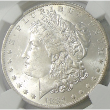 Монета 1 доллар 1884 года О США «Доллар Моргана» (в слабе NGC MS 63) (аверс)