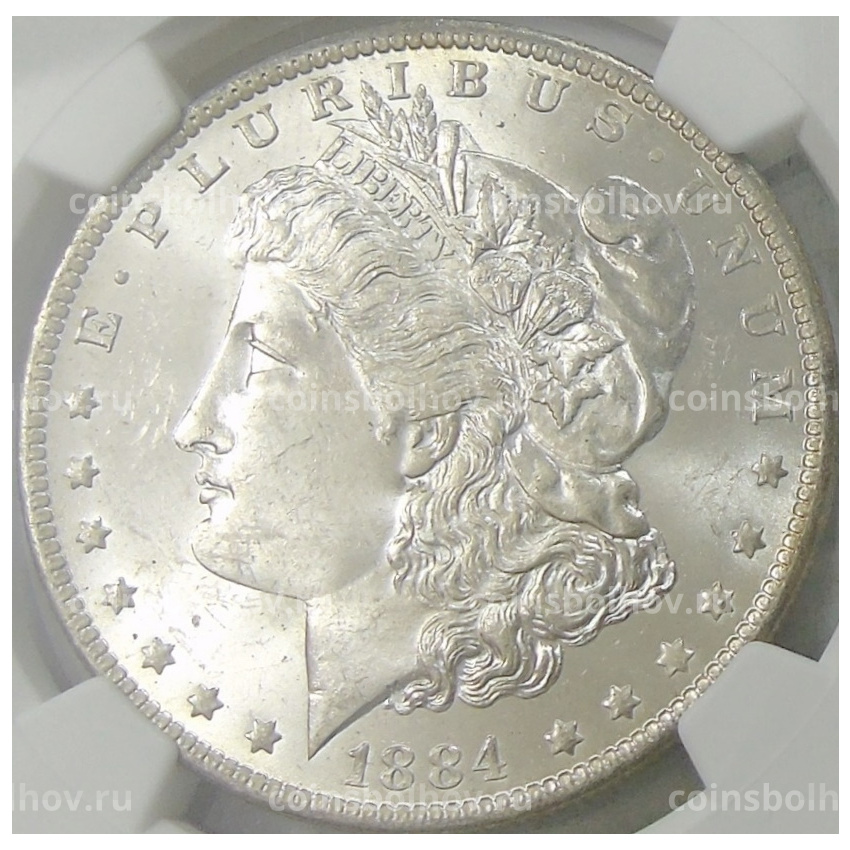Монета 1 доллар 1884 года О США «Доллар Моргана» (в слабе NGC MS 63)
