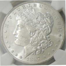 Монета 1 доллар 1887 года США «Доллар Моргана» (в слабе NGC MS 63) (аверс)