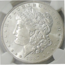 Монета 1 доллар 1887 года США «Доллар Моргана» (в слабе NGC MS 63) (аверс)