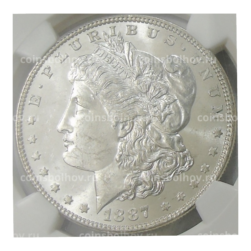 Монета 1 доллар 1887 года США «Доллар Моргана» (в слабе NGC MS 63)