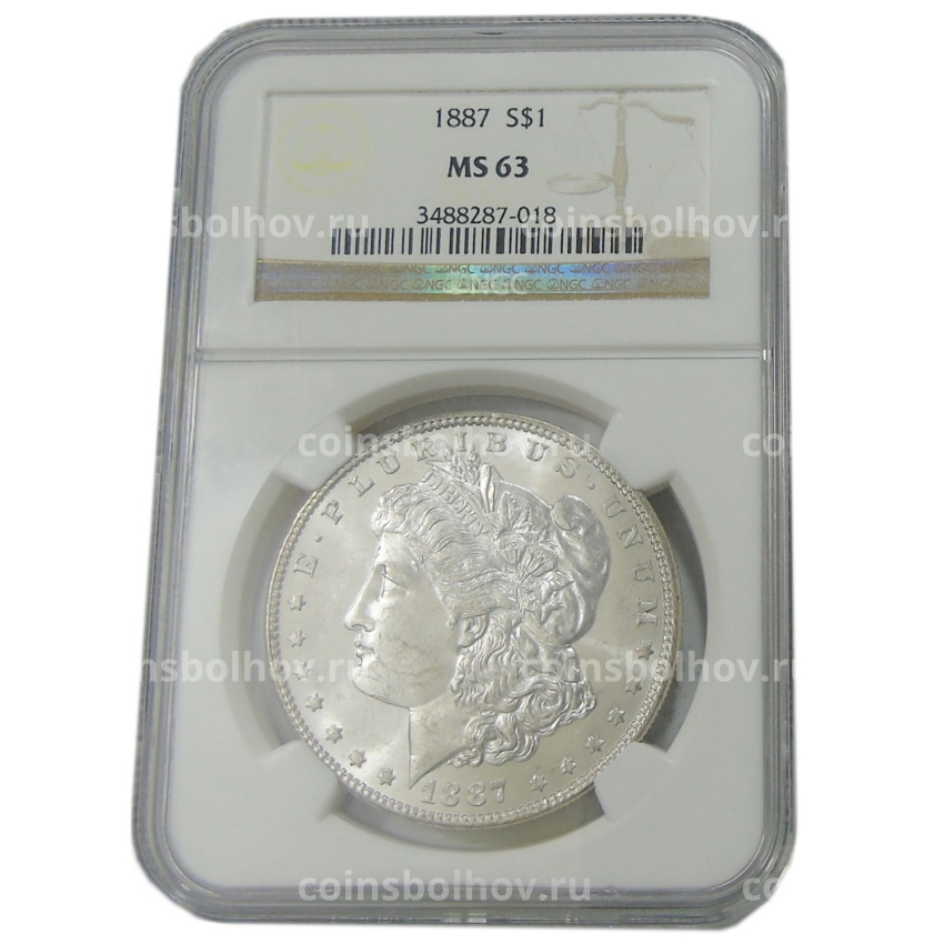 Монета 1 доллар 1887 года США «Доллар Моргана» (в слабе NGC MS 63) (вид 3)