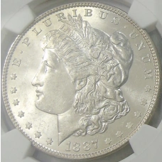 Монета 1 доллар 1887 года США «Доллар Моргана» (в слабе NGC MS 63) (аверс)