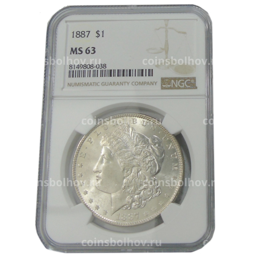 Монета 1 доллар 1887 года США «Доллар Моргана» (в слабе NGC MS 63) (вид 3)