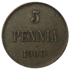 Монета 5 пенни 1908 года Русская Финляндия (аверс)