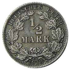 Монета 1/2 марки 1918 года A Германия (аверс)