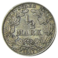 Монета 1/2 марки 1917 года A Германия (аверс)
