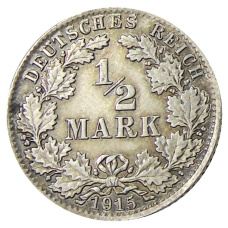 Монета 1/2 марки 1915 года D Германия (аверс)