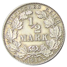 Монета 1/2 марки 1914 года J Германия (аверс)