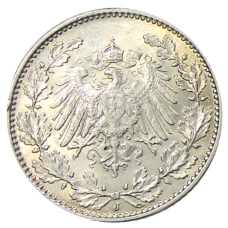 Монета 1/2 марки 1914 года J Германия (реверс)