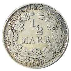 Монета 1/2 марки 1909 года A Германия (аверс)