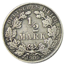 Монета 1/2 марки 1905 года F Германия (аверс)