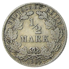 Монета 1/2 марки 1905 года J Германия (аверс)