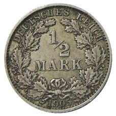 Монета 1/2 марки 1905 года F Германия (аверс)