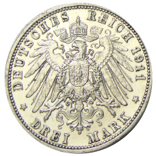 Монета 3 марки 1911 года G Германия (Баден) (реверс)