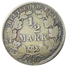 Монета 1/2 марки 1905 года A Германия (аверс)
