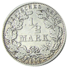 Монета 1/2 марки 1906 года E Германия (аверс)