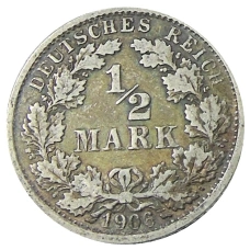 Монета 1/2 марки 1906 года F Германия (аверс)