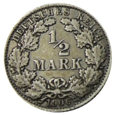 Монета 1/2 марки 1906 года E Германия (аверс)