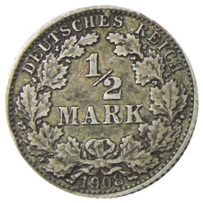 Монета 1/2 марки 1908 года A Германия (аверс)