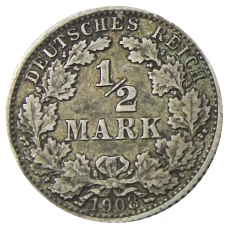 Монета 1/2 марки 1908 года A Германия (аверс)