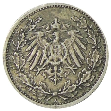 Монета 1/2 марки 1908 года A Германия (реверс)