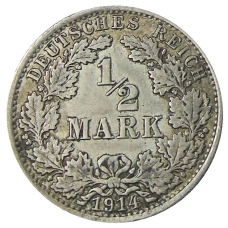 Монета 1/2 марки 1914 года A Германия (аверс)
