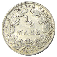 Монета 1/2 марки 1915 года F Германия (аверс)