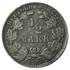 Монета 1/2 марки 1917 года A Германия (аверс)
