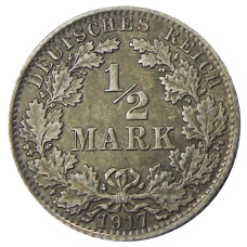 Монета 1/2 марки 1917 года A Германия (аверс)