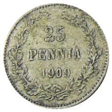 Монета 25 пенни 1909 года Русская Финляндия (аверс)